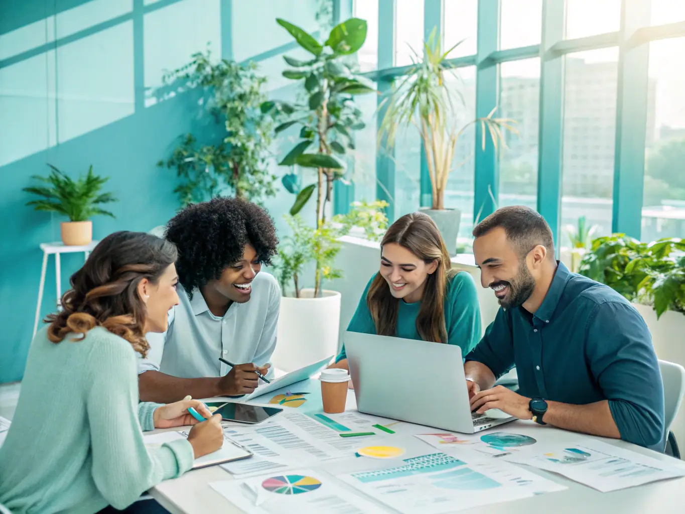 A vibrant image of a startup team brainstorming ideas in a modern office, symbolizing TriggerY's startup promotion strategies, with sticky notes and charts illustrating growth and innovation.