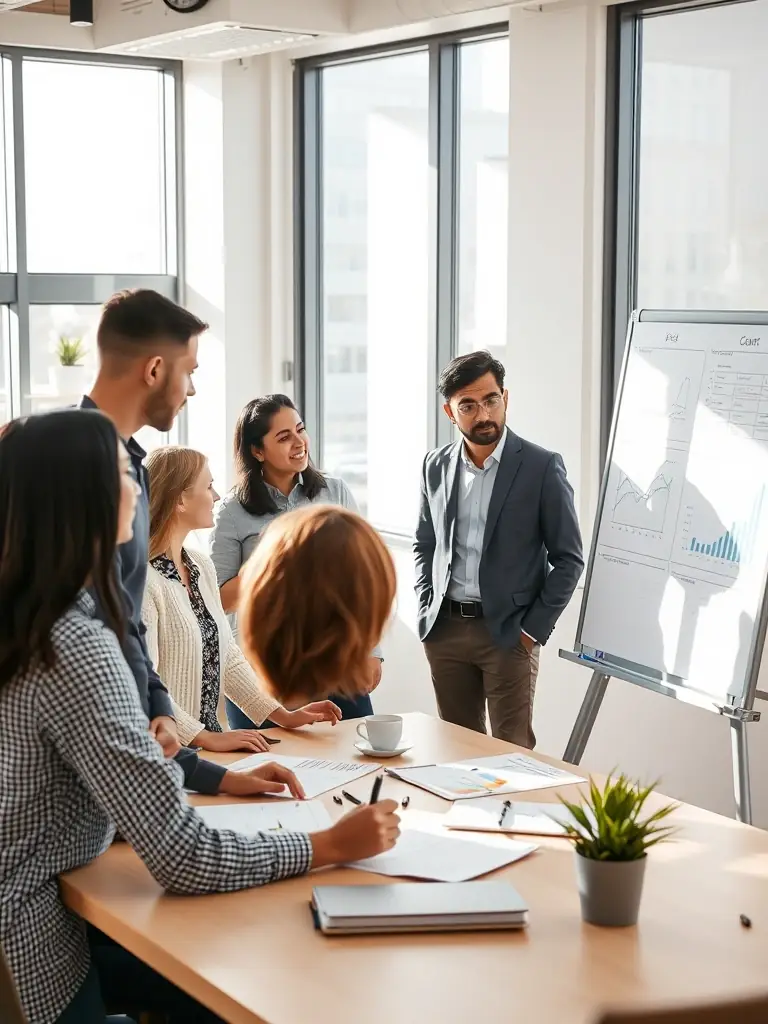 A close-up shot of a diverse team brainstorming around a whiteboard filled with marketing strategies and data charts, emphasizing collaboration and analytical thinking.
