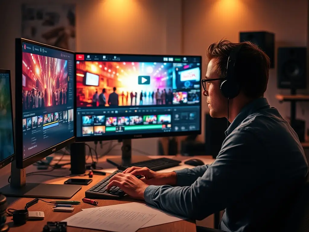 A dynamic scene of a YouTube video being edited, showcasing the creative process behind TriggerY's YouTube marketing campaigns, with various editing tools and graphics visible on the screen.